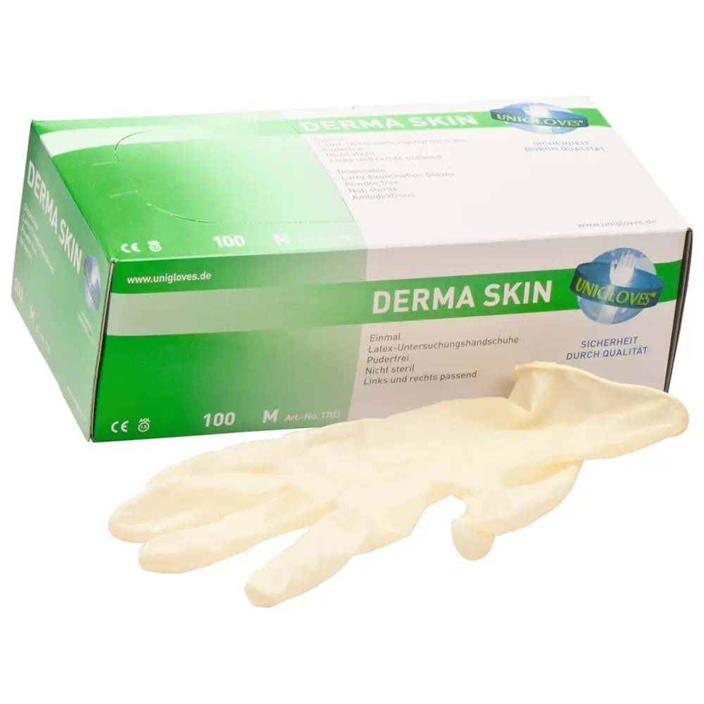 Unigloves DERMA SKIN Latexhandschuhe - Packung 100 Stück puderfrei, naturlatex, M