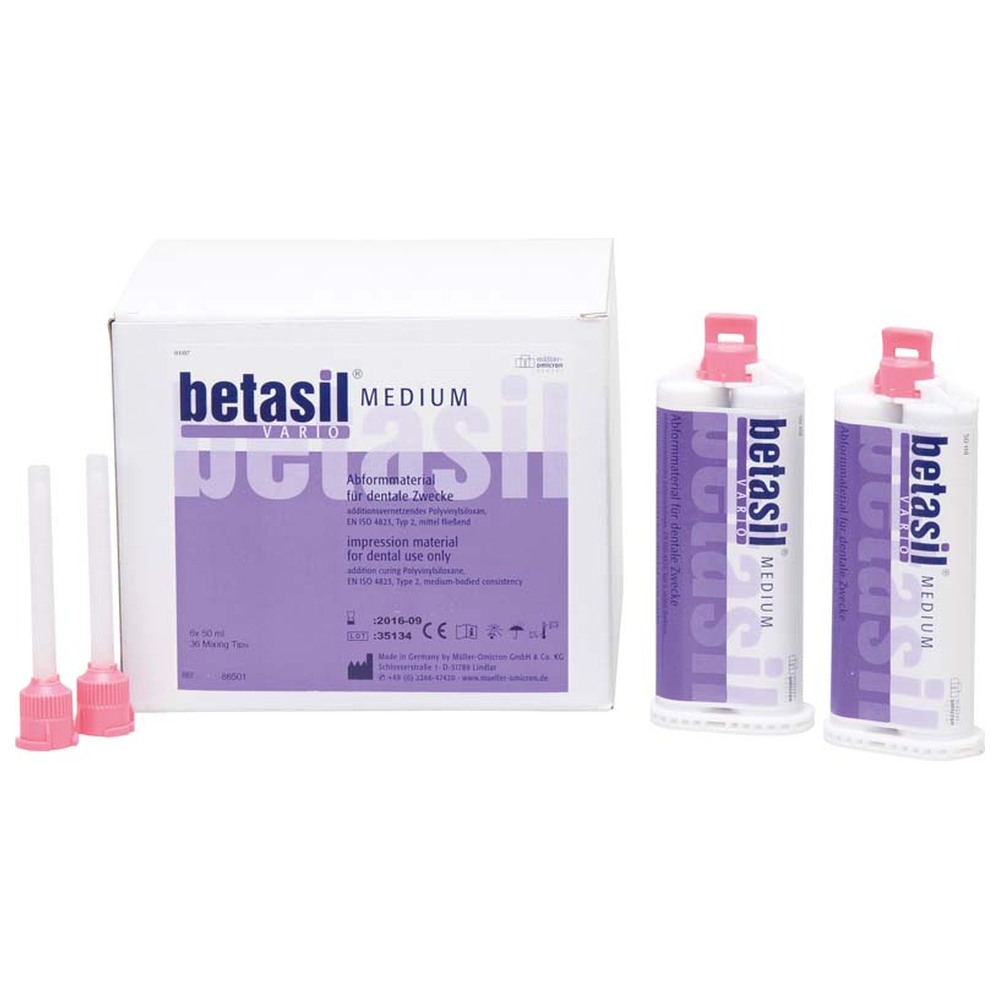 Müller-Omicron betasil® VARIO MEDIUM - Großpackung 6 x 50 ml Kartusche, 36 Mixing Tips rosa