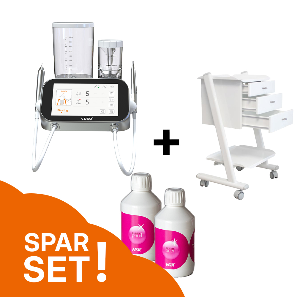 COXO PT MASTER Prophylaxegerät + Zilfor Rollwagen & NSK Prophy-Mate Pulver