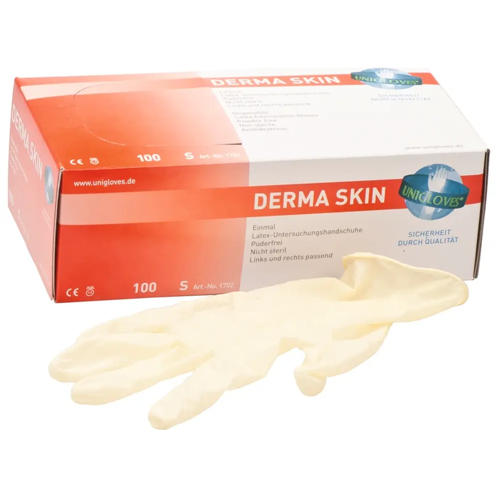 Unigloves DERMA SKIN Latexhandschuhe - Packung 100 Stück puderfrei, naturlatex, S