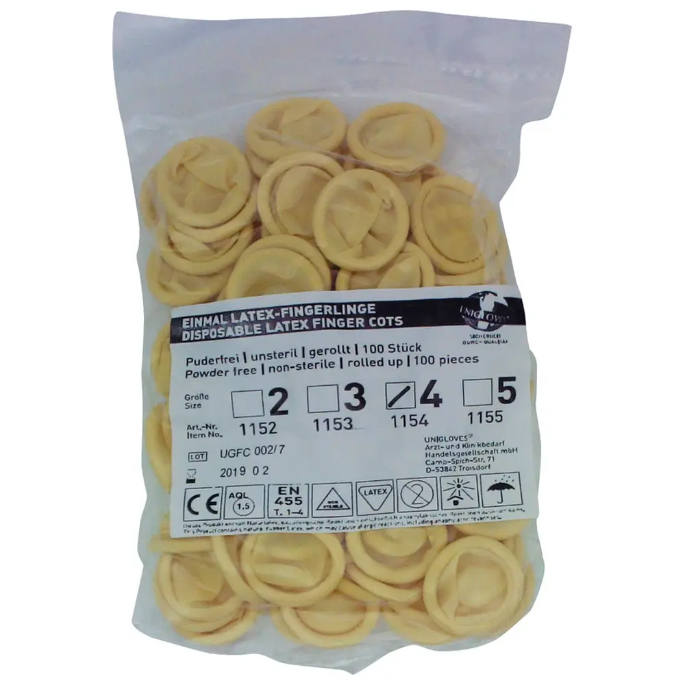 Unigloves Latex Fingerlinge - Beutel 100 Stück puderfrei, naturlatex, L
