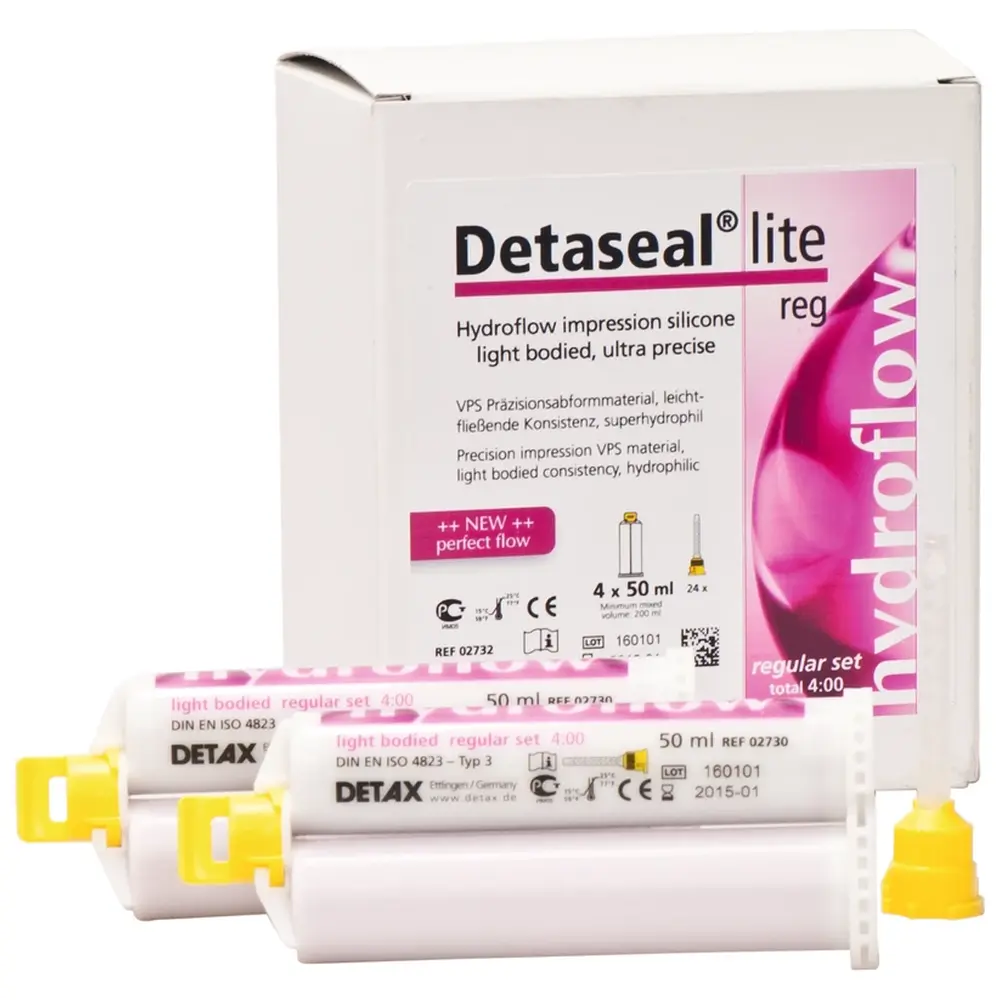 DETAX Detaseal® hydroflow lite - Multipack 4 x 50 ml Doppelkartusche regular, 24 Mischkanülen gelb