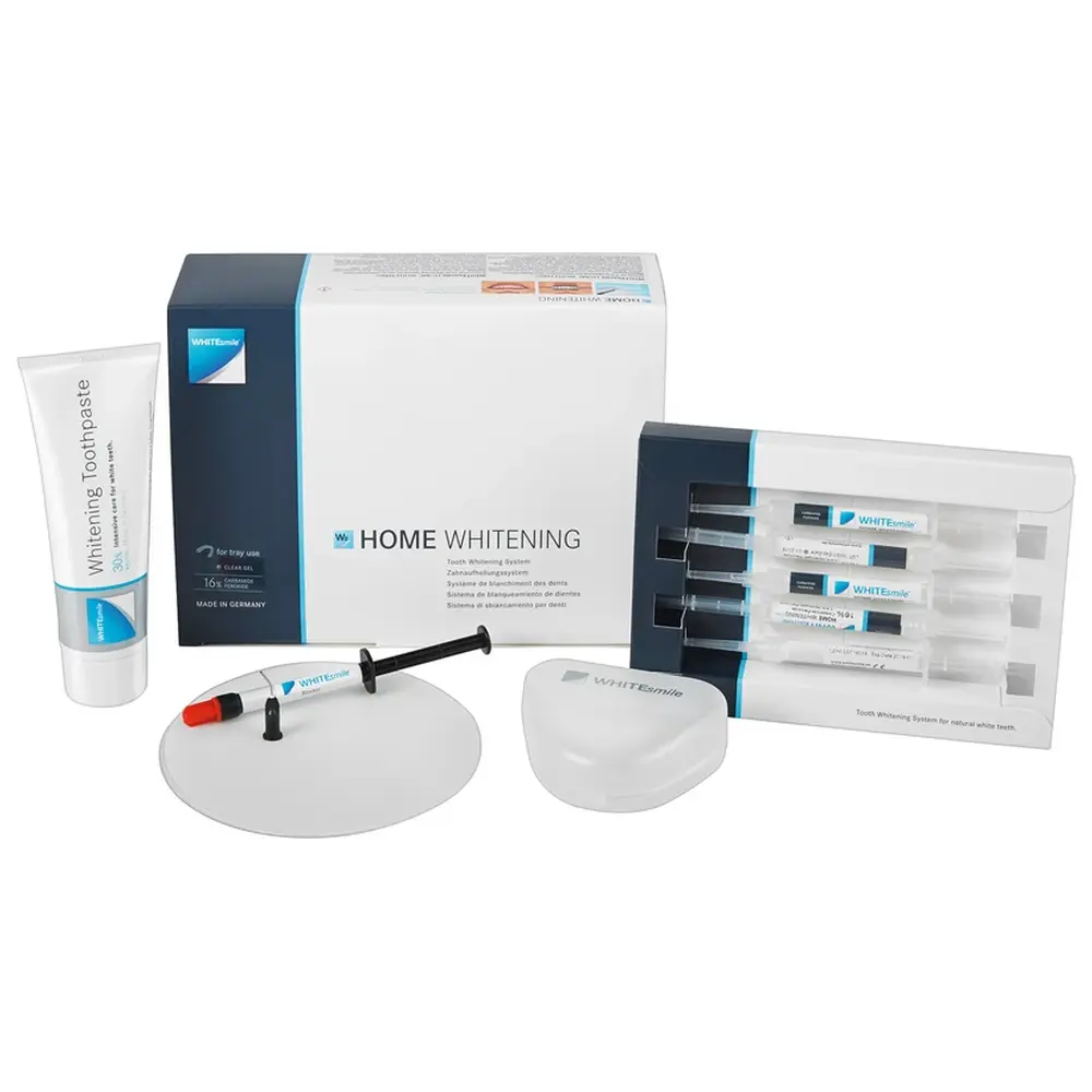 WHITEsmile HOME WHITENING - Slim Kit 8 x 1,2 ml Zahnaufhellungsgel 16 % CP, 2 x 1,2 ml After Whitening Mousse, Zubehör