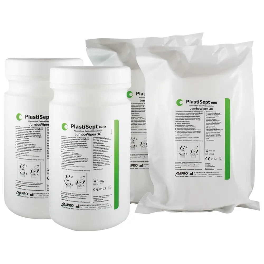ALPRO MEDICAL PlastiSept eco JumboWipes 30 - StarterSet 2 Spenderboxen leer, 2 x 100 Tücher