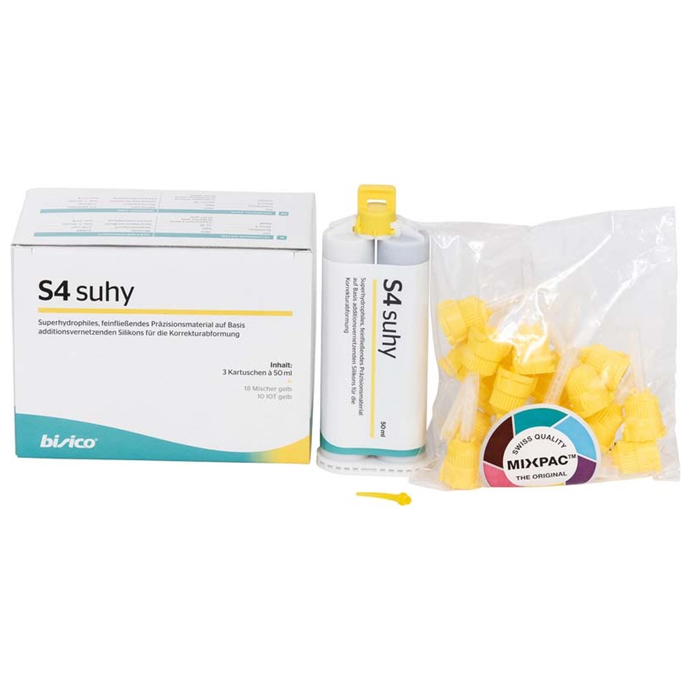 bisico S4 suhy - Packung 3 x 50 ml Doppelkartusche, 18 Mischkanülen gelb, 10 Intraoraltips gelb