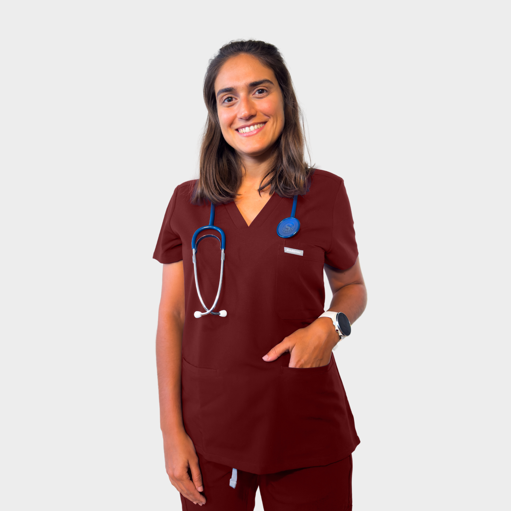 Ambou Kasack Damen – Artemis Agility, V-Ausschnitt, Burgundy, XXL, mit Brust- und Bauchtaschen, klassische Passform, AMBOUx Technologie