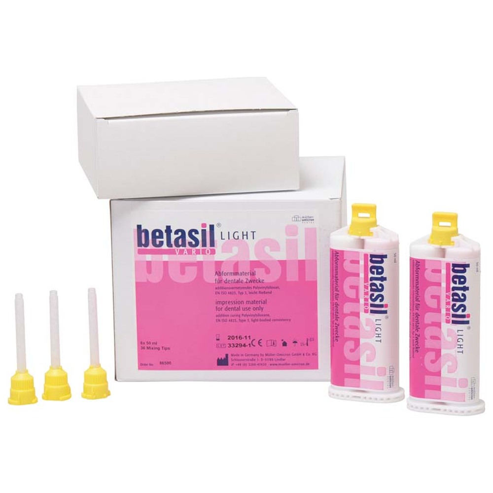 Müller-Omicron betasil® VARIO LIGHT - Großpackung 6 x 50 ml Kartusche light, 36 Mixing Tips gelb
