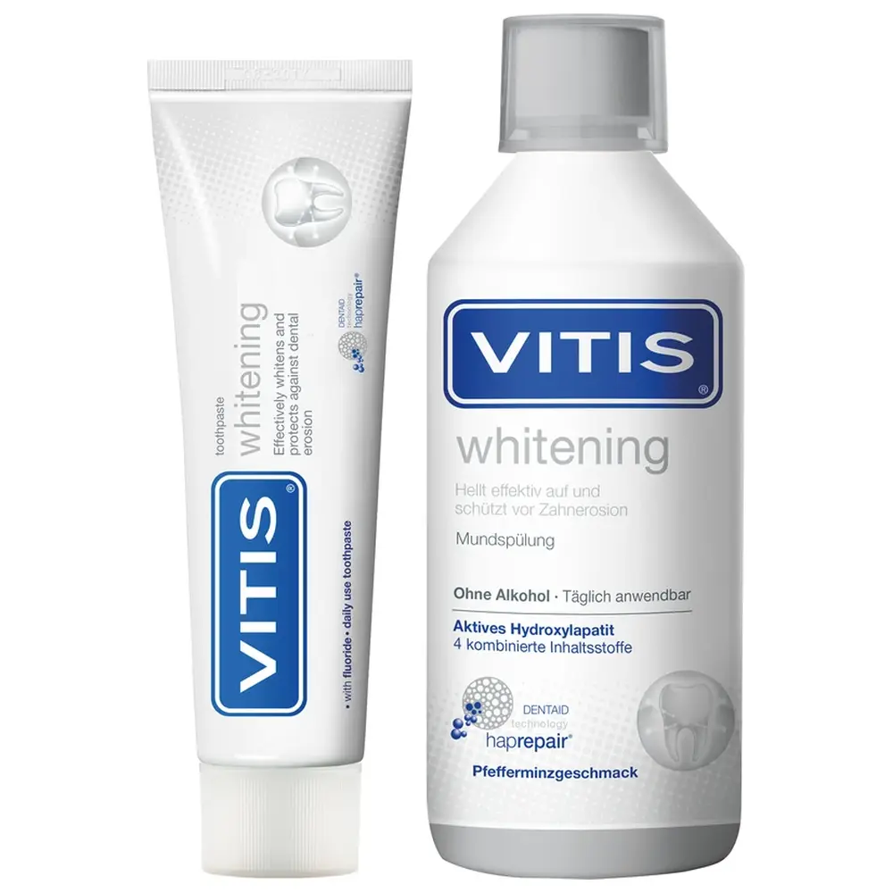 DENTAID VITIS® whitening Zahnpasta - Set 2in1 100 ml Zahnpasta, 500 ml Mundspülung