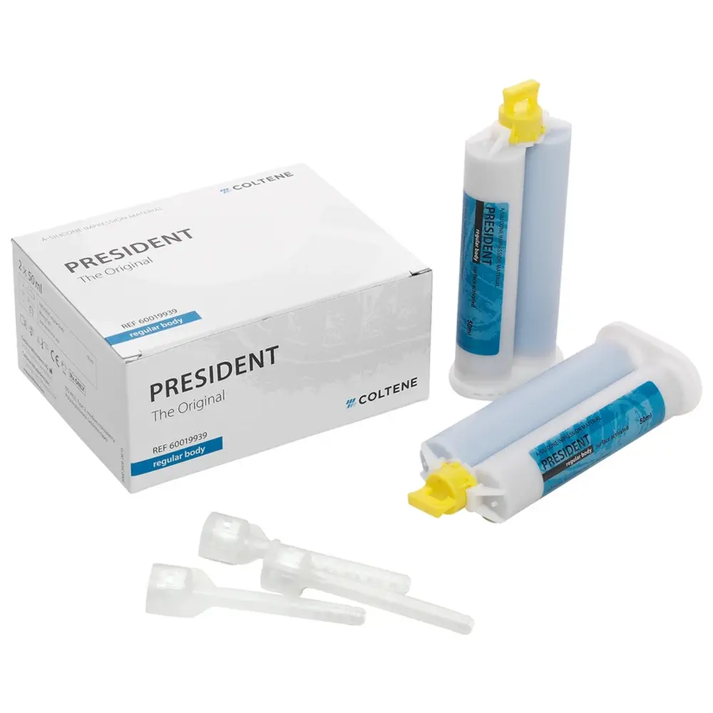 COLTENE PRESIDENT The Original - Packung 2 x 50 ml Doppelkartusche regular body, 12 Universal Mixing Tips