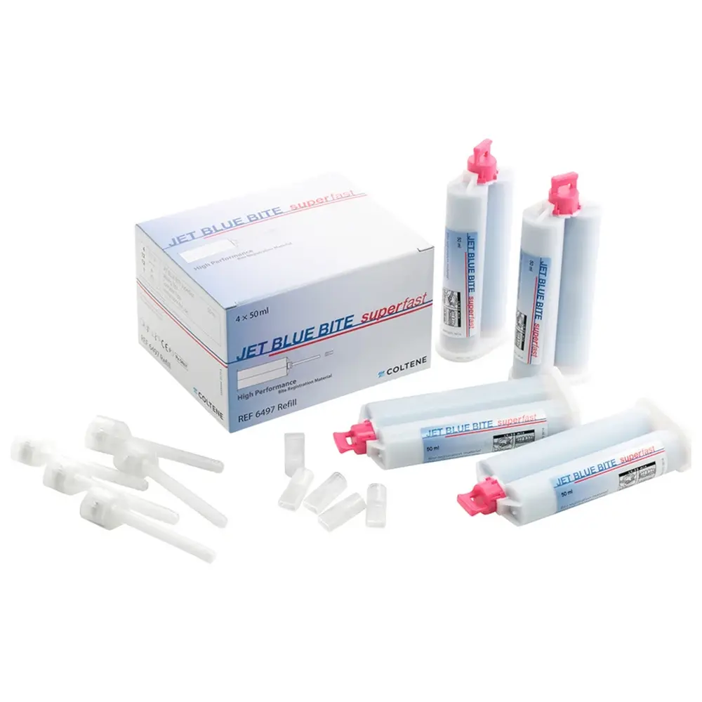 COLTENE JET BLUE® BITE superfast - Refill Packung 4 x 50 ml Doppelkartusche, 12 Mixing Tips, 12 Spreader Tips