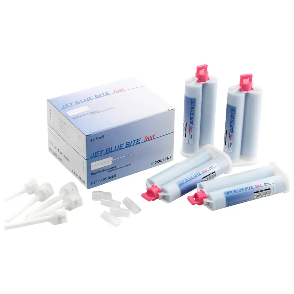 COLTENE JET BLUE® Bite fast - Refill Packung 4 x 50 ml Doppelkartusche, 12 Mixing Tips, 12 Spreader Tips