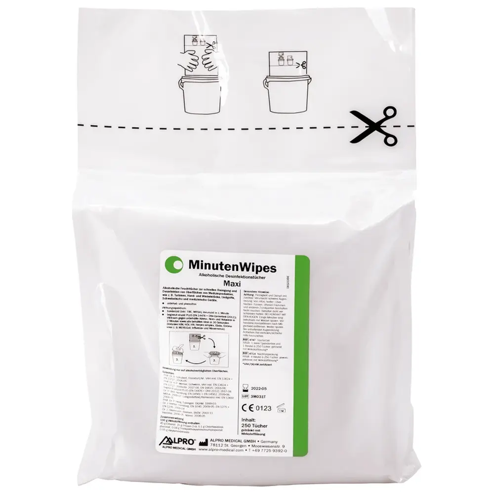 ALPRO MEDICAL MinutenWipes Maxi - StarterSet 1 Spenderbox leer, Beutel 250 Tücher